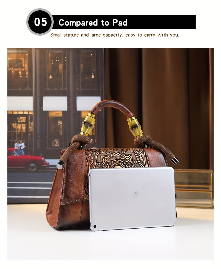 Red Vintage Sunflower Carved Bag back view on model