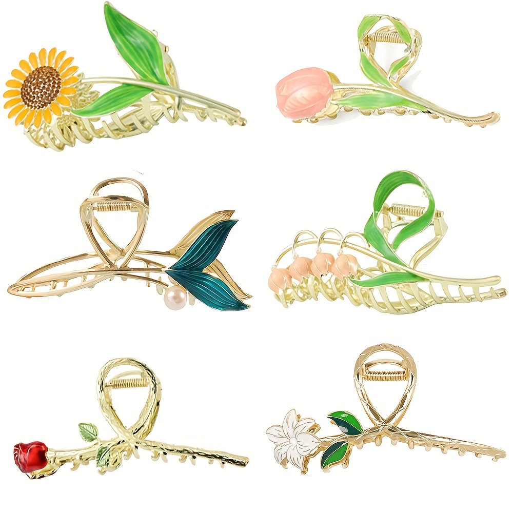 TEMU Ensemble de 6 pinces à cheveux en métal floral, grandes pinces à cheveux antidérapantes de , pinces à cheveux fixes et résistantes, accessoires