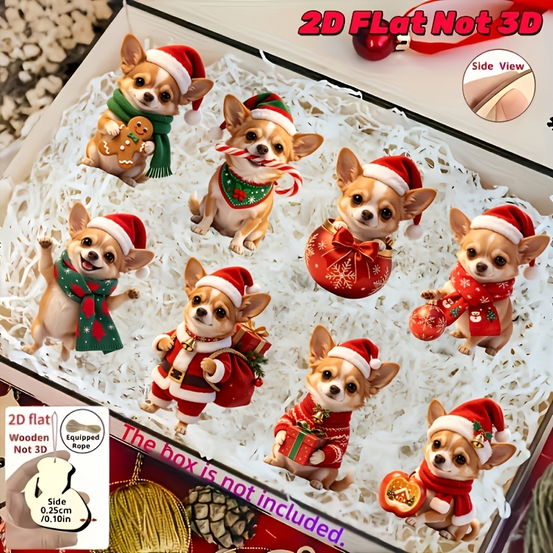 TEMU Ensemble de 8 pièces plat 2D, tenue de Noël, adorable Chihuahua, décoration de Noël, ornement d'arbre de Noël, décoration à suspendre ,