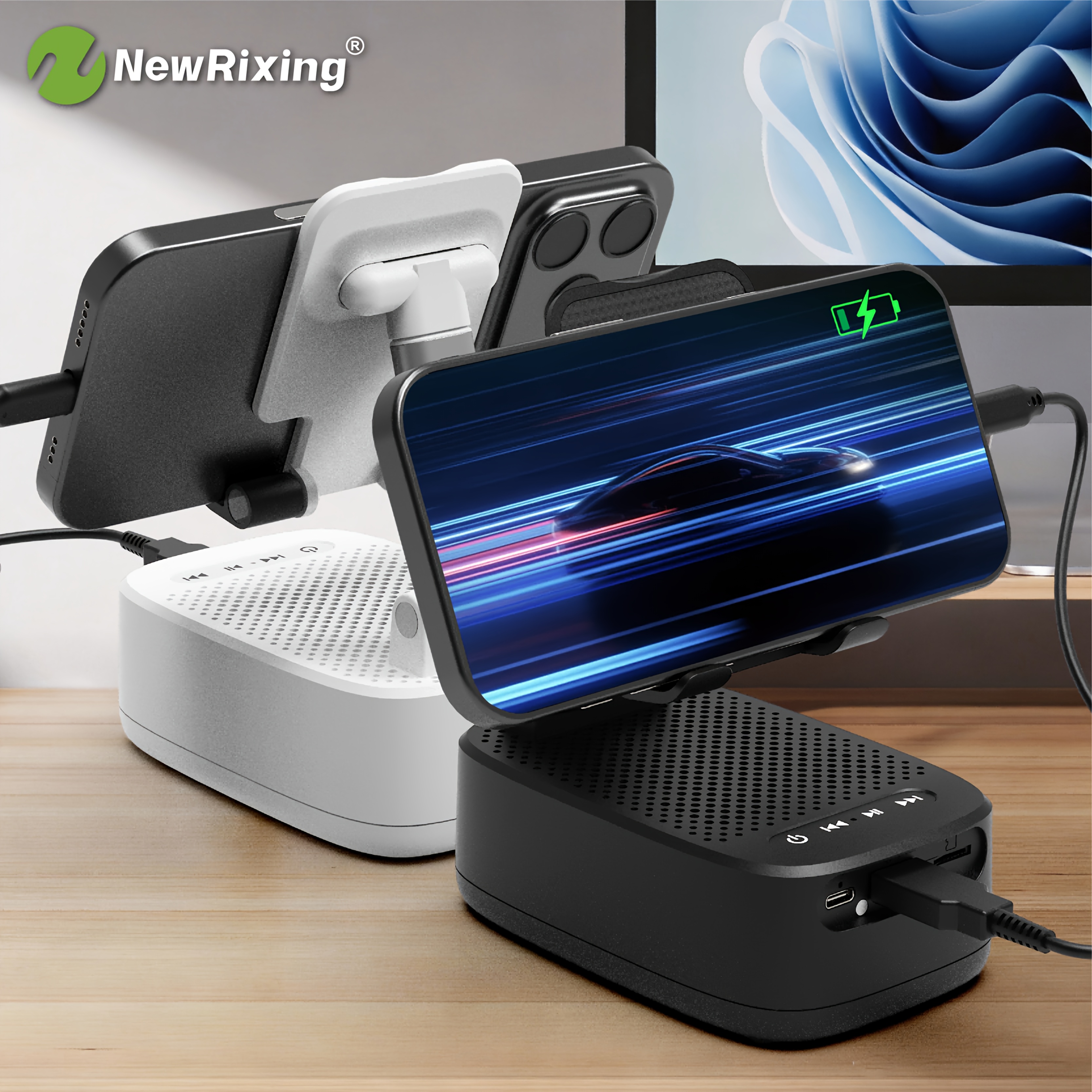 Alto-falantes sem fio NewRixing 6W com suporte para celular, emparelhamento  TWS, bateria de 3000mAh, uso de celular mãos-livres, power bank móvel, suporta reprodução BT, TF, USB, 7 horas de reprodução, qualidade de som Hi-Fi, estéreo alto e graves potentes, carregamento USB-C, para 4