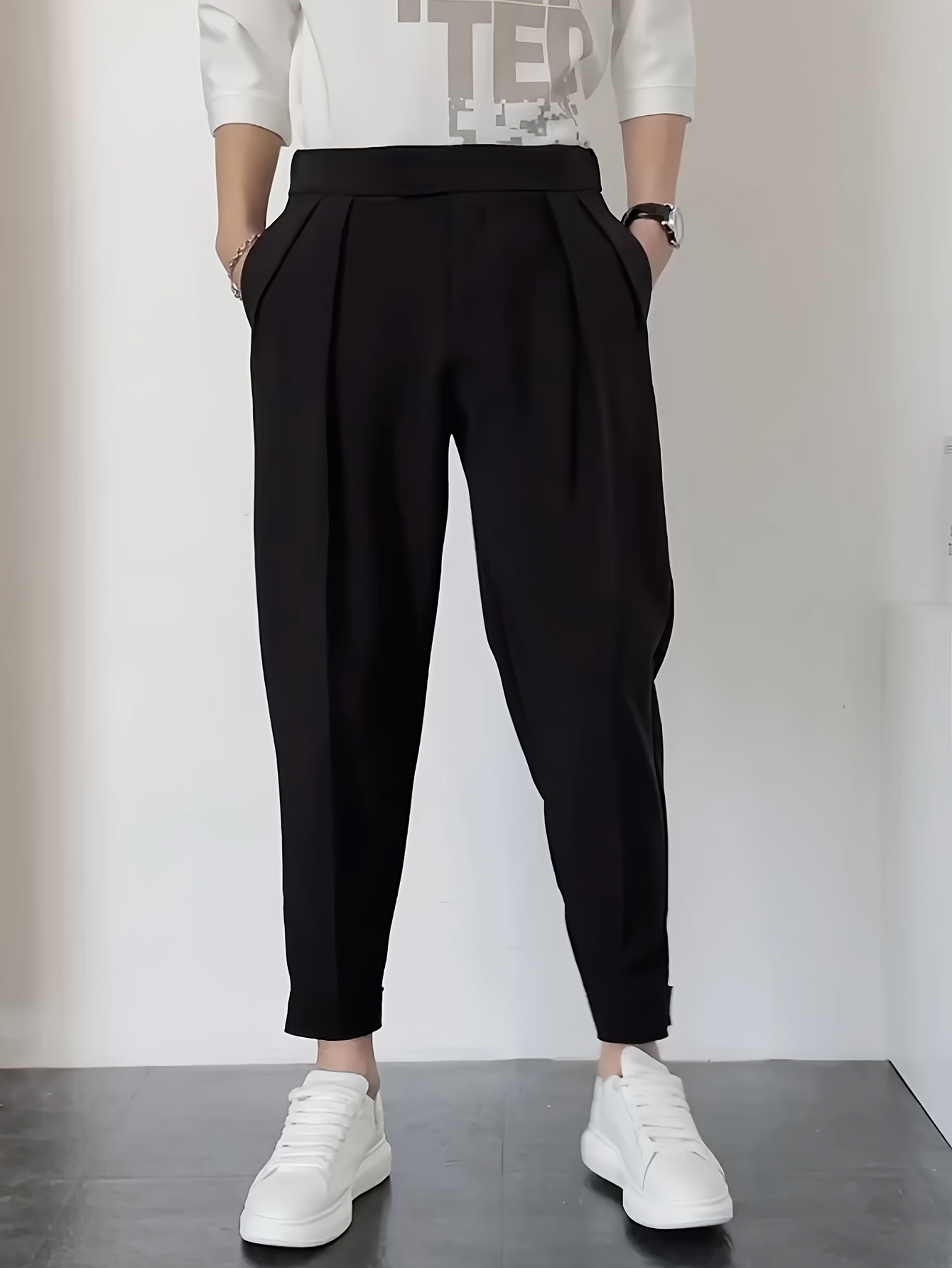 mens high waist   fit dress pants with adjustable drawstring waist   color   versatile workwear regular length no stretch fabric formal attire   smooth texture black 0
