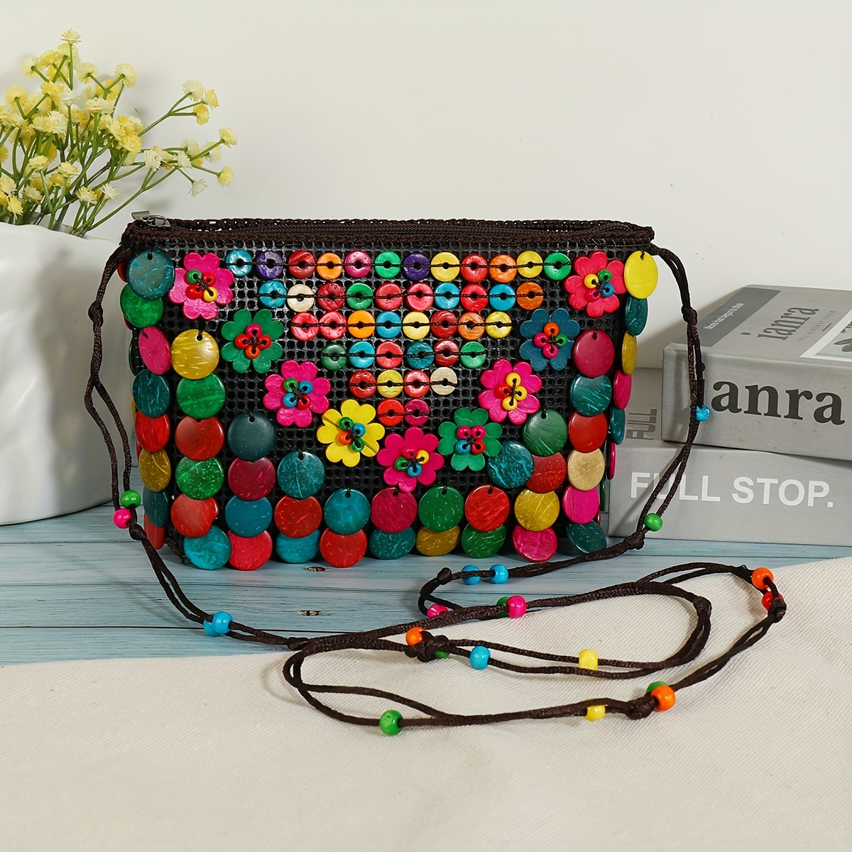 

Colorful Coconut Shell Bead Bag, Bohemian Crossbody Purse, Retro Ethnic Style Handmade Shoulder Bag