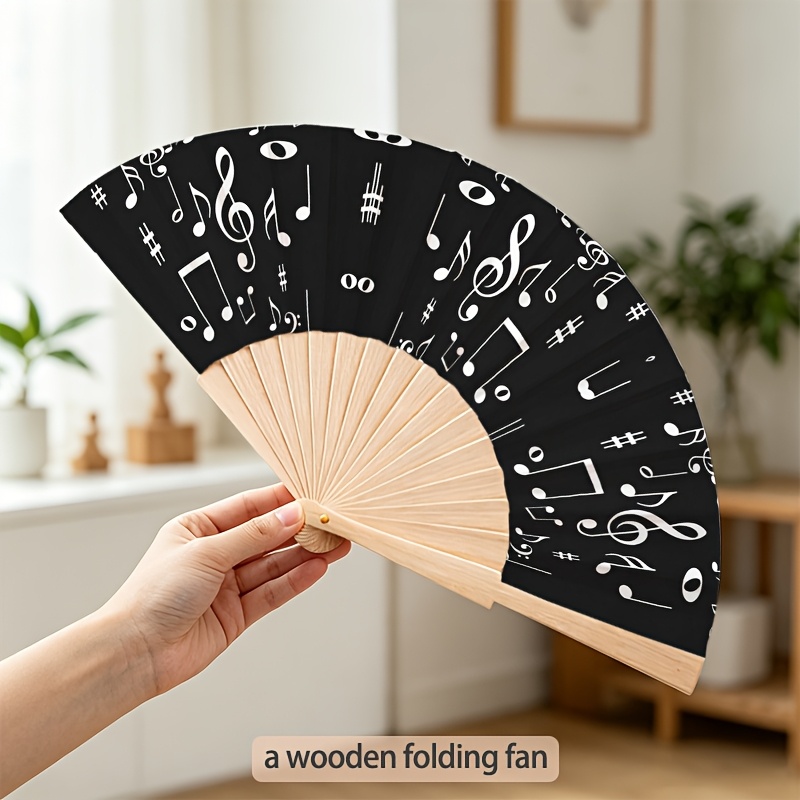 TEMU [23cm Wooden Folding Fan] A Lightweight Wooden Folding Fan Featuring A Black And White Musical Note Melody Pattern. A Portable Essential For And