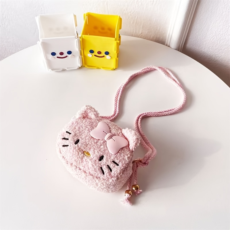 E-shop Hello Kitty Plüsch Messenger Bag | Cartoon-Stil mit Schleifendekoration, erhältlich in 4 Farben: Pink, Gelb, Kaffee, Material, Reißverschluss,