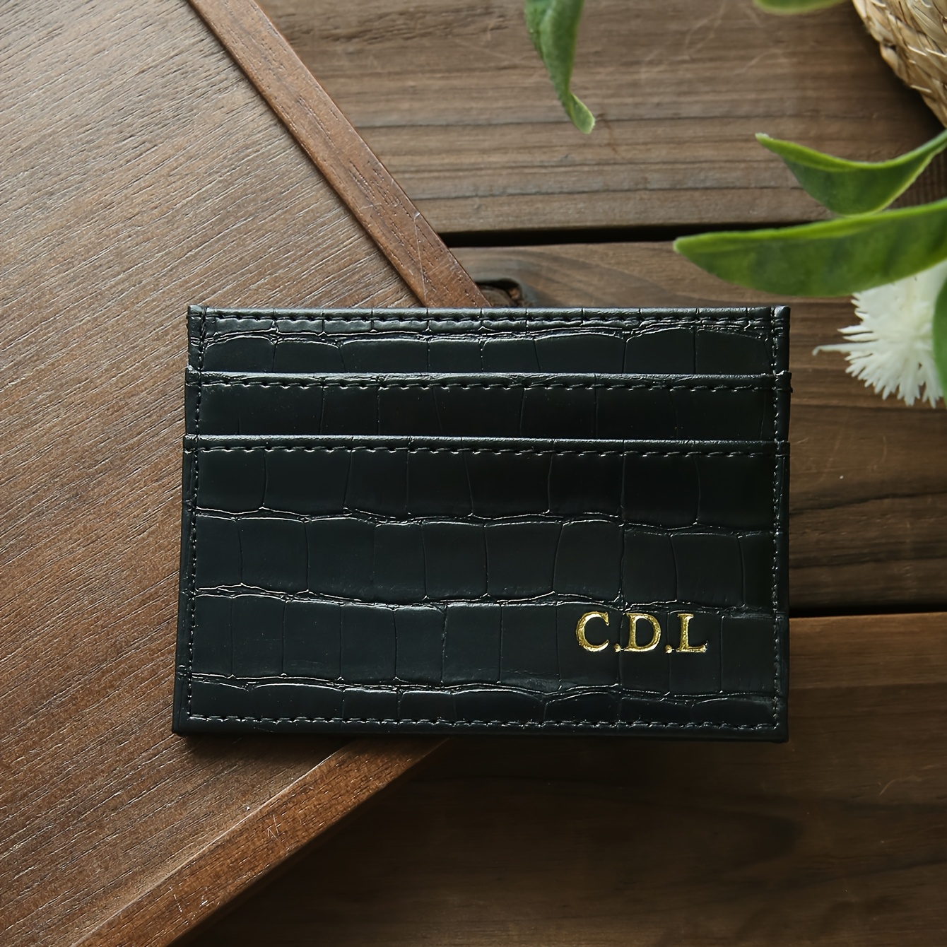 Image of 1pc Personalized Custom Name/initials Faux Crocodile/alligator Synthetic Leather Card Holder - Golden Monogram Hot Stamping, Slim Credit Card Wallet Suitable For, Gift For Her, Lover, Friend