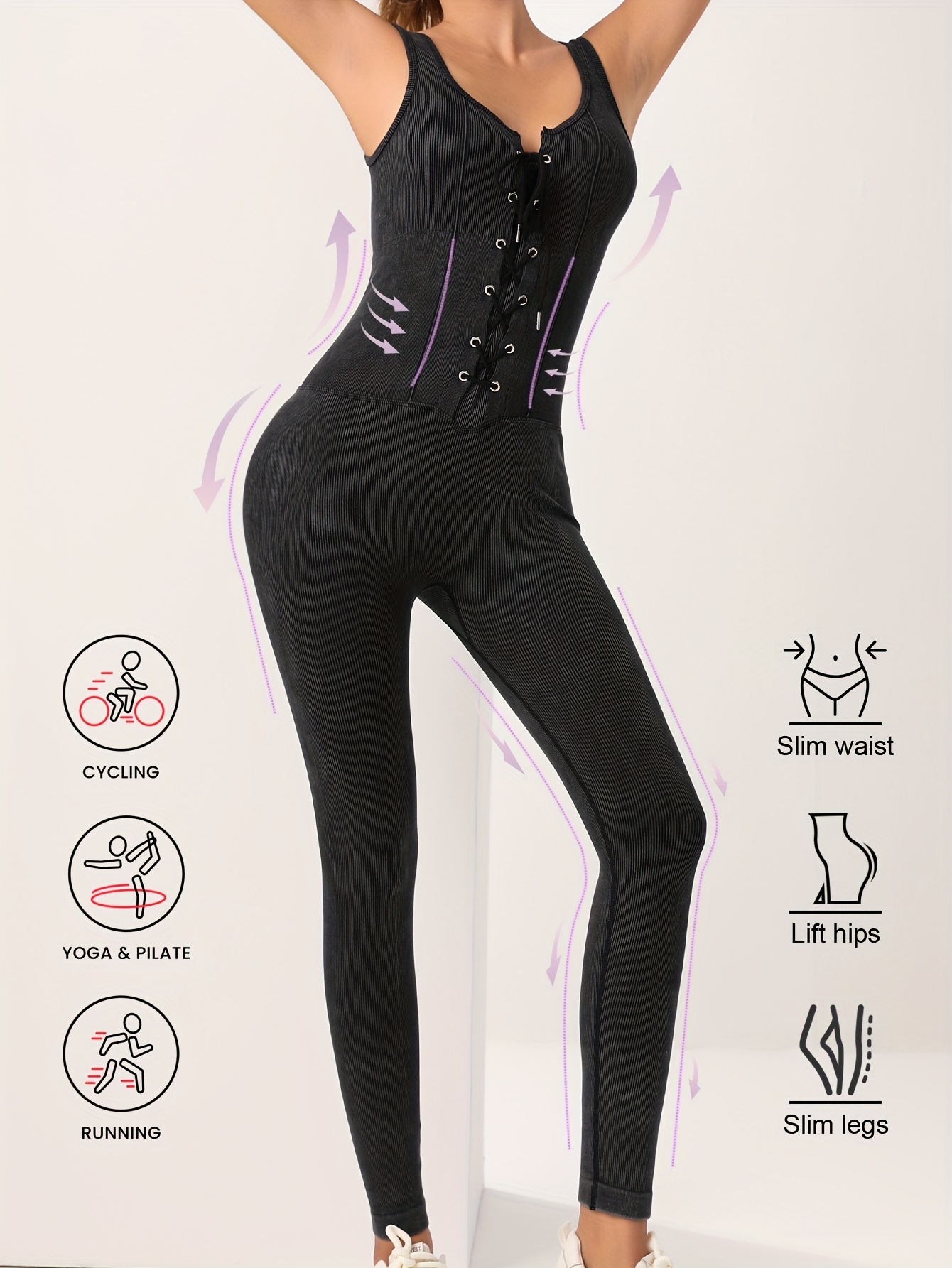 women's black seamless jumpsuit ruched detail high waist Temu