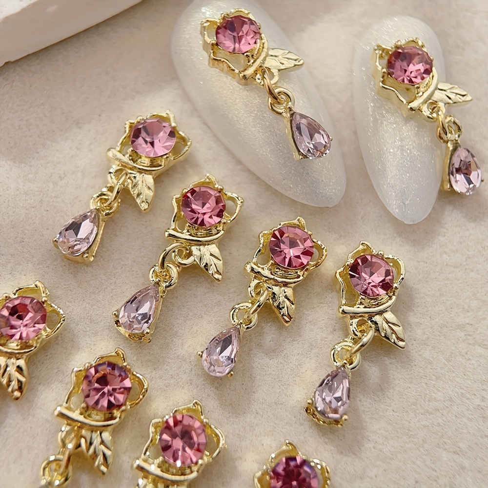 

10pcs Pink Rhinestone Flower Nail Charms With Gold Alloy, Unscented Nail Art Decorations, Diamond-shaped Diy Nail Gems, Elegant Floral Nail Jewelry Supplies