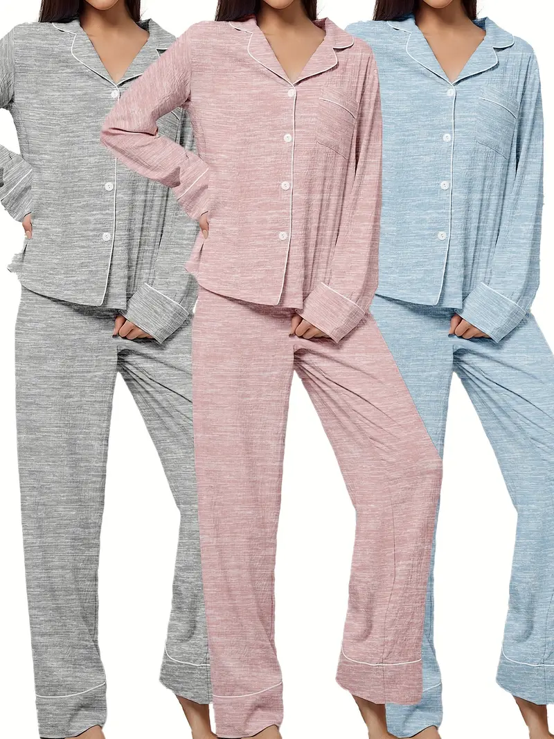 3 sets of 6pcs womens casual polyester solid color long sleeved top long pants sleepwear set fabric long sleeved lapel top with loose pants wear outside Product details 0