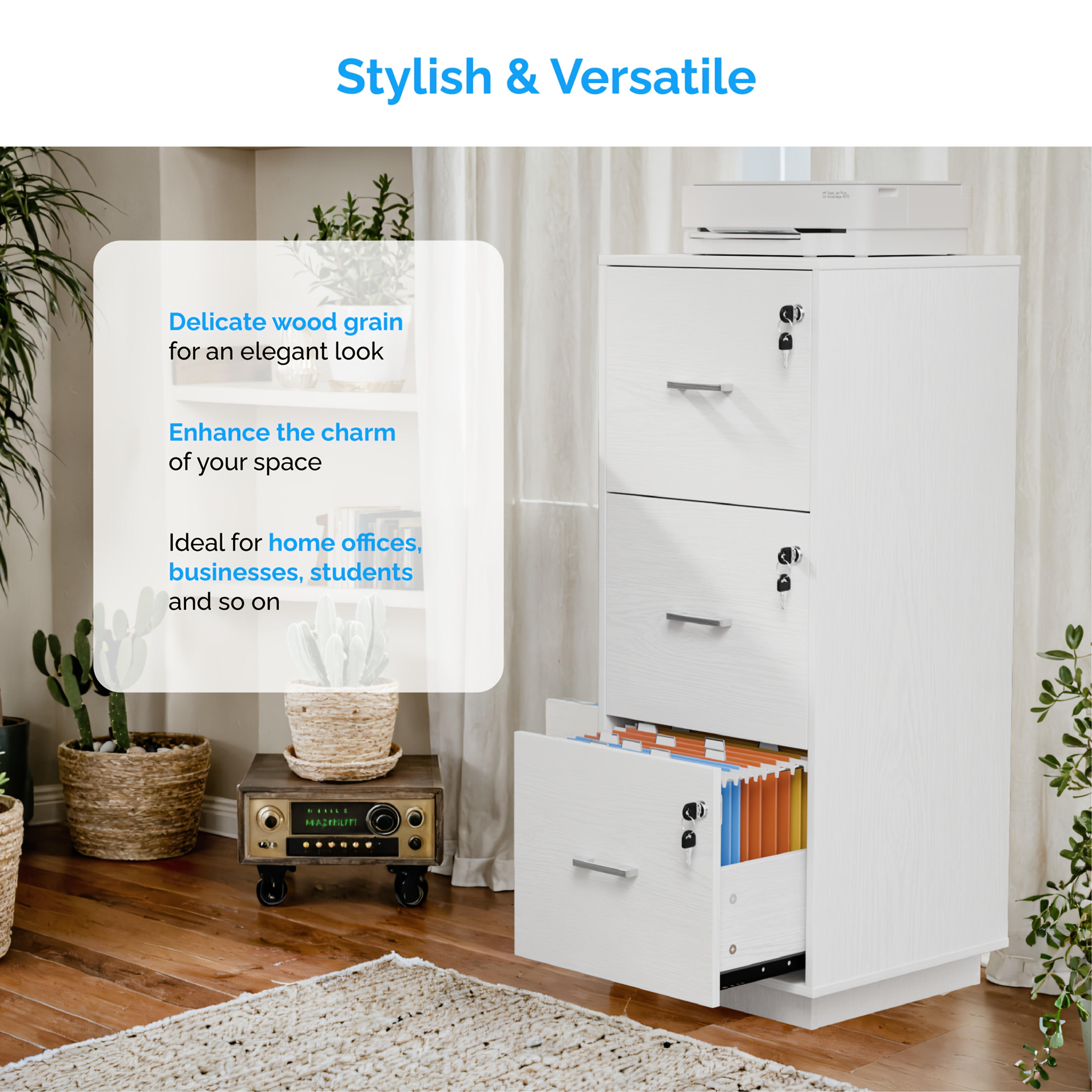 Bonnlo 3-Drawer Lockable File Cabinet - Wood Filling Organizer with 2 Drawers, 27