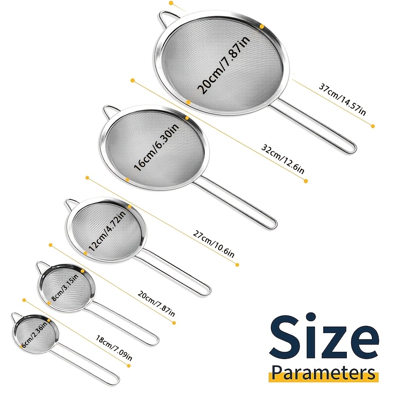 TEMU 5pcs Stainless Steel Mesh Sieve Set, Baking Tools, 5 Sizes For Sifting Flour, Long Handle For Hanging And Stacking To , Suitable For Filtering