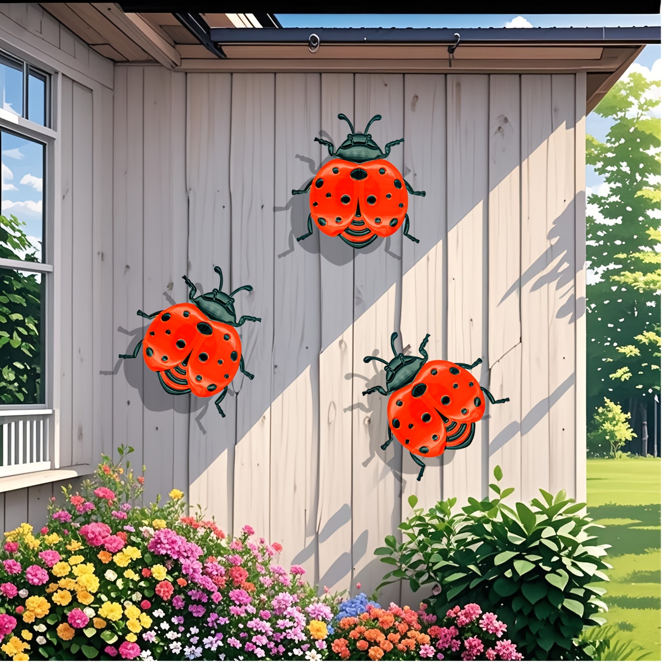 Image of 3pcs Metal Ladybug Wall Decor, Vibrant Garden Ornament For Indoor & Outdoor Use, Accents, Iron , No Electricity Needed, Ladybug Garden Decor