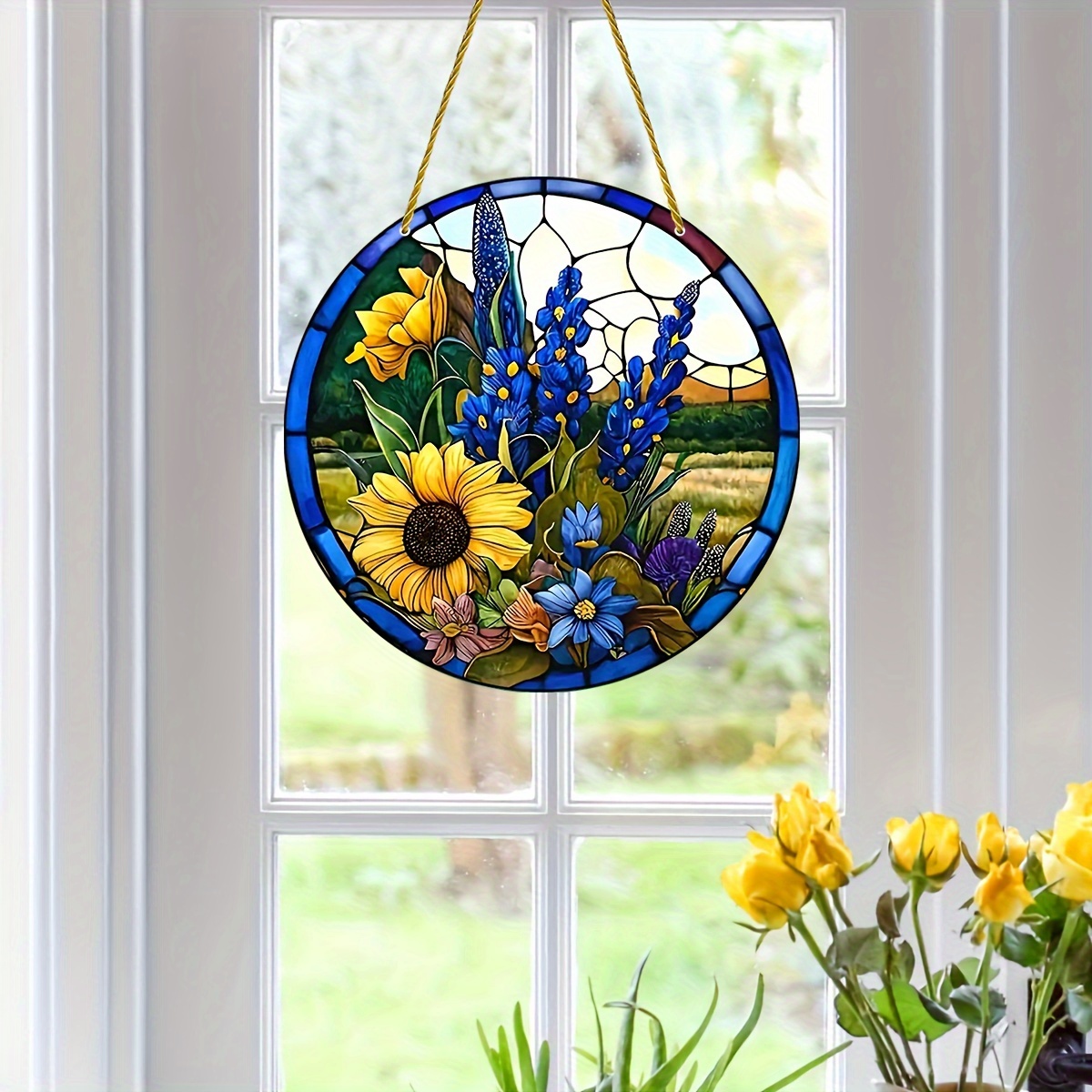 

2d Flat - Beautiful Blue Flower Sunflower Acrylic Suncatcher - Summer Hanging Window Decoration, Front Door Decoration, Housewarming Gift - Gift For Women, Garden, Room, Door, Holiday Party Decoration