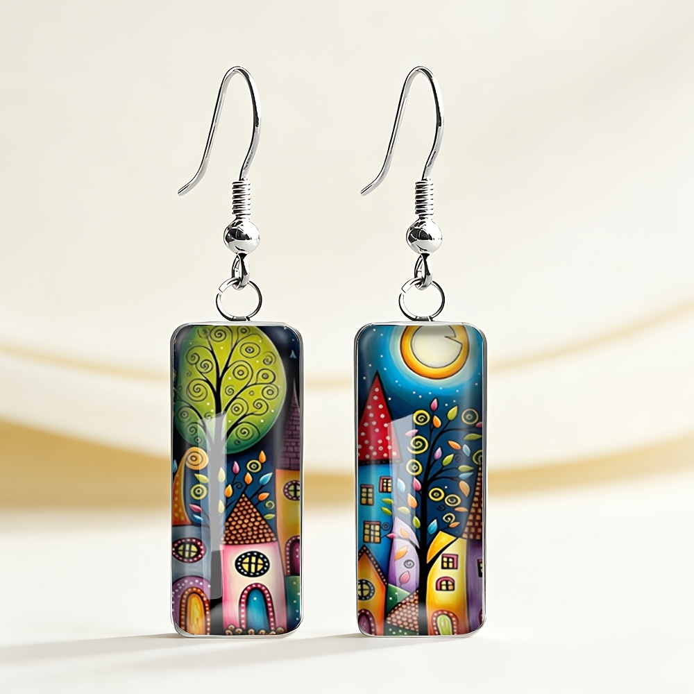 TEMU 1 Pair Cartoon Painted House Tree Pattern Rectangular Earrings, Artistic Style Unisex Daily Gift Accessory, Without Battery