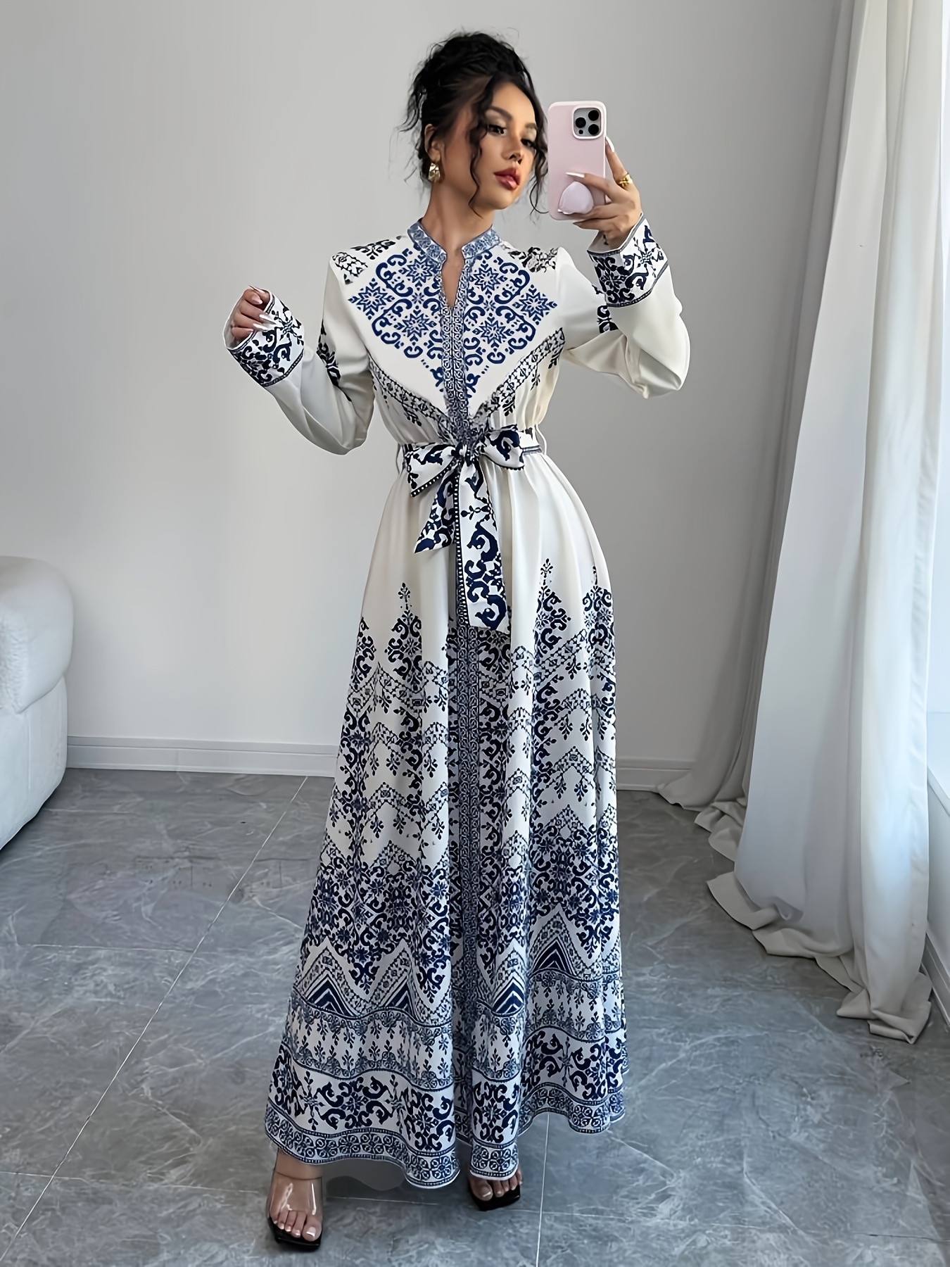 Elegant Women'S Long Sleeve Maxi Dress with Floral Print, Belted Waist, and  Flared Hem - Blue and White * Spring/Summer/Fall, Adult Fashion * | Floral  Print Dress | Polyester Fabric