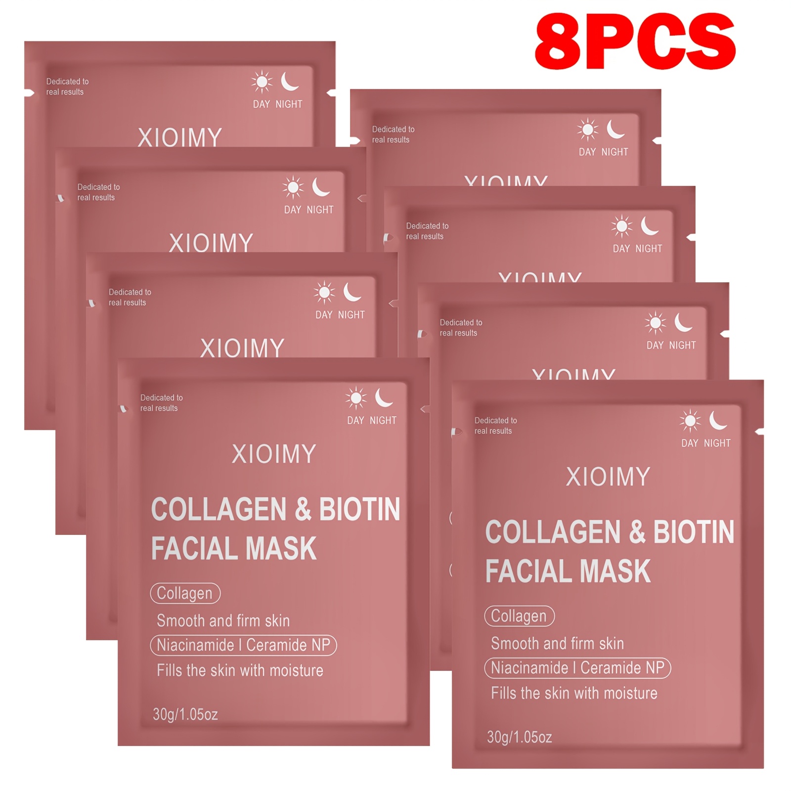 Image of 8pcs Day And Night Collagen And Biotin Facial Masks, Alcohol-free Hypoallergenic, Strong Moisturizing, Makes Facial Skin Smoother, , , And Skin , Suitable For Types