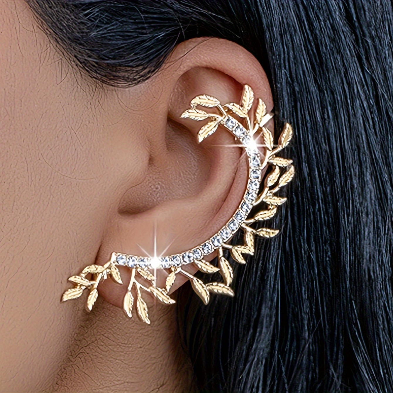 

Elegant 18k Golden Plated Zinc Alloy Leaf Earrings With Rhinestone Accents, Women' Ear And Full Ear Hoops, , For , Parties, And Commuting