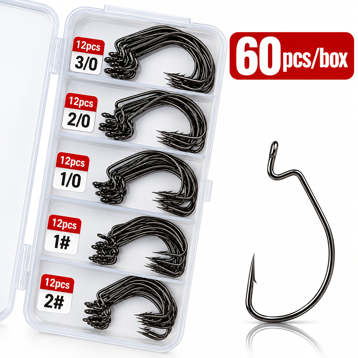 TEMU 60pcs Offset Worm Hooks With Storage Box, 5 Sizes 2# 1# 1/0 2/0 3/0, Extra Wide Sharp Fishing Hooks For Soft Plastic Baits, Weedless Texas Rig,