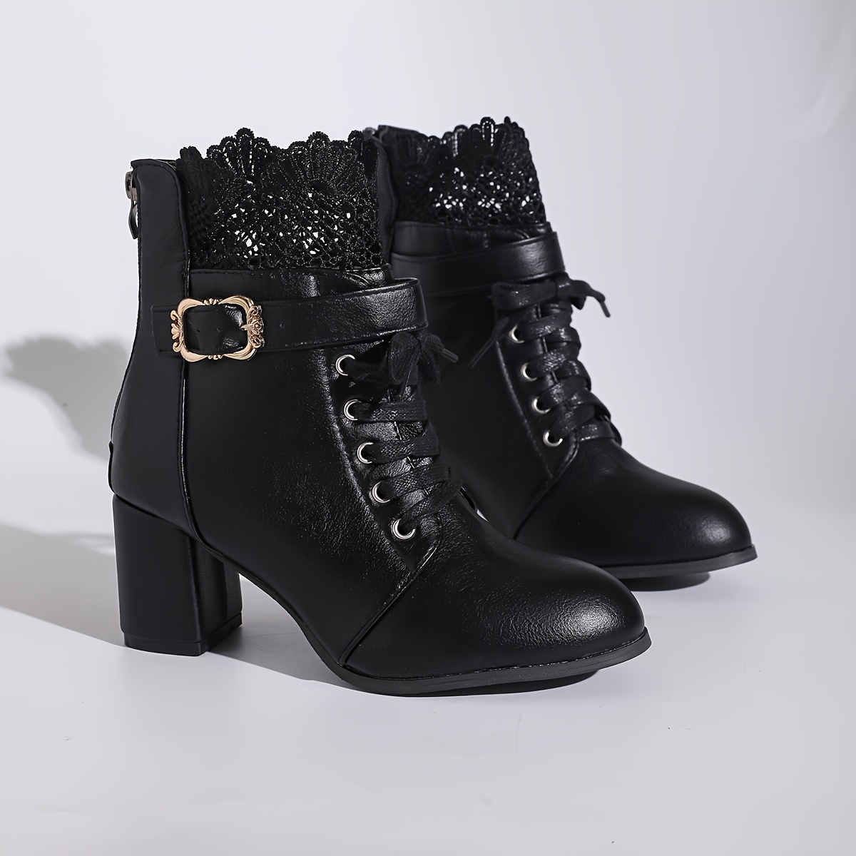 Image of Lace-trimmed Back-zipper Ankle Boots With Chunky Heels, Comfortable And Versatile Mid-calf Boots, Fashionable And Versatile Women's Boots, Women Shoes Elegant Women Shoes Shoes