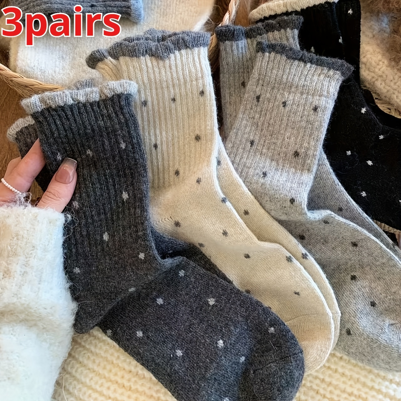 Image of Random Colors-3pairs/6pcs Women Retro Style Polka-dot Mid-length Stockings, Soft Warm Socks, Suitable For Winter Casual Attire And Casual Attire, Hand Washable And Non-dry Washable