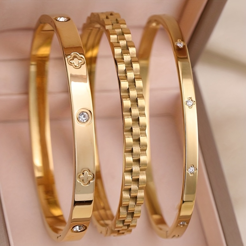 Image of 3pcs Set 18k Gold-plated Stainless Steel Bracelet Collection - Rhinestone-studded Luxury Blanks/ For Daily Wear & Parties, Durable Tarnish-resistant Set For Elegant Accessories (compatible With)