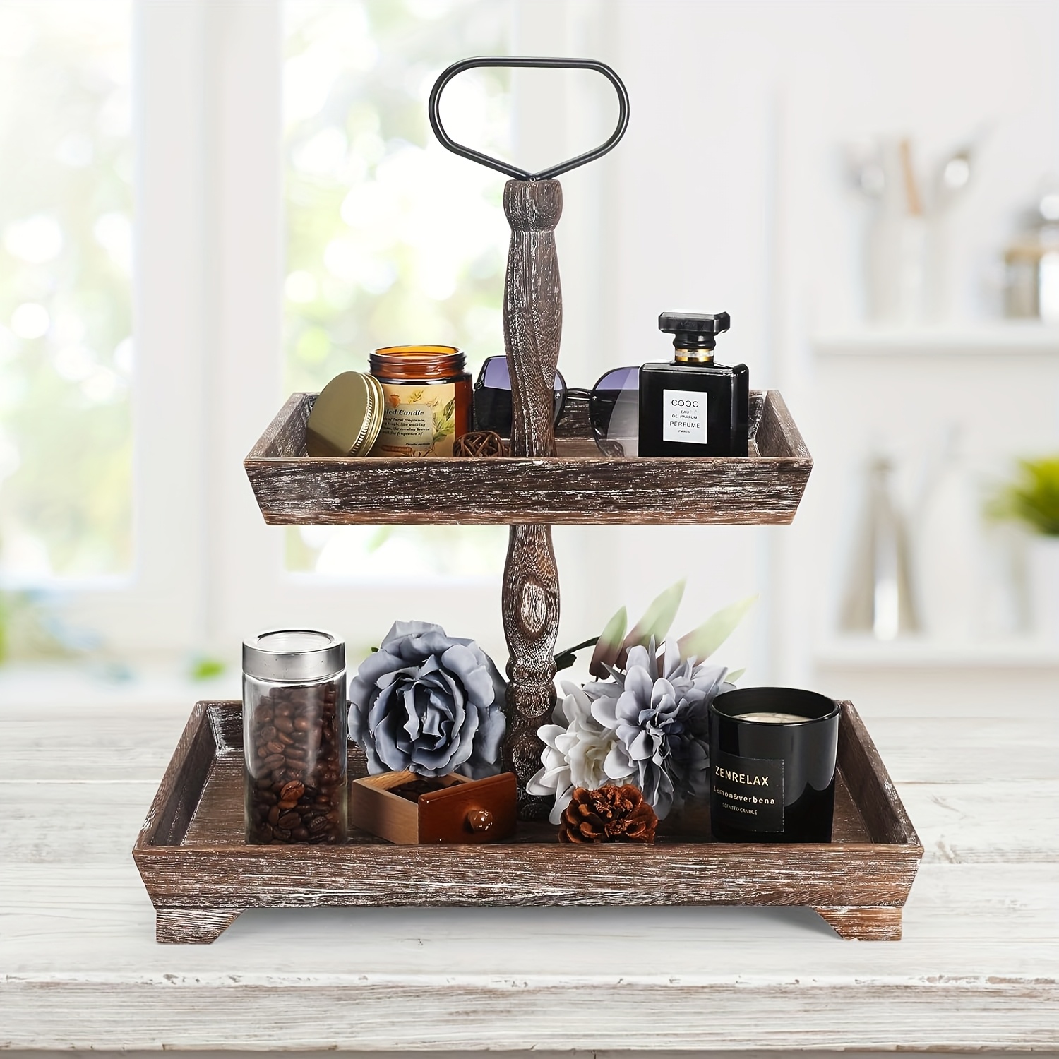 tier farmhouse style wooden tray stand metal handle rustic