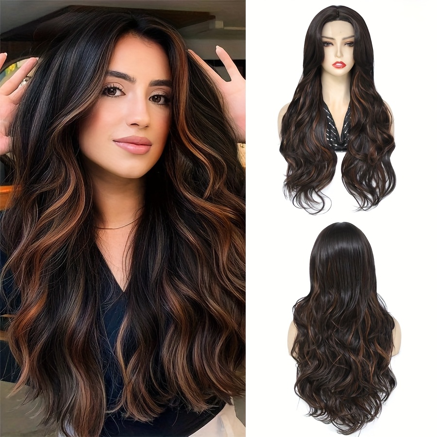 26 inch dark brown wavy wig women featuring a middle part - Temu display picture 2