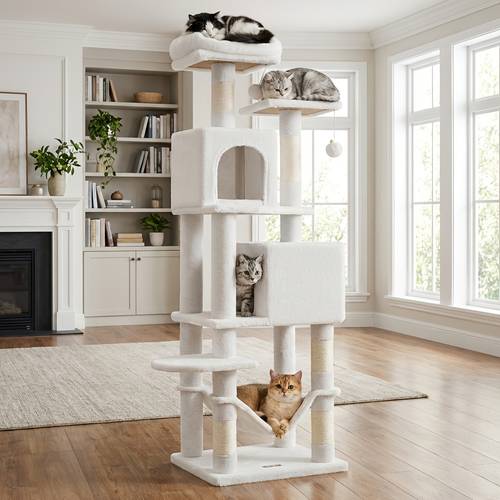 61 inch multi level cat tree tower suitable for indoor cats plush cat condo with 5 scratching posts 2 perches 2 caves hammock hanging pompoms sturdy modern cat furniture for climbing resting play for spaces