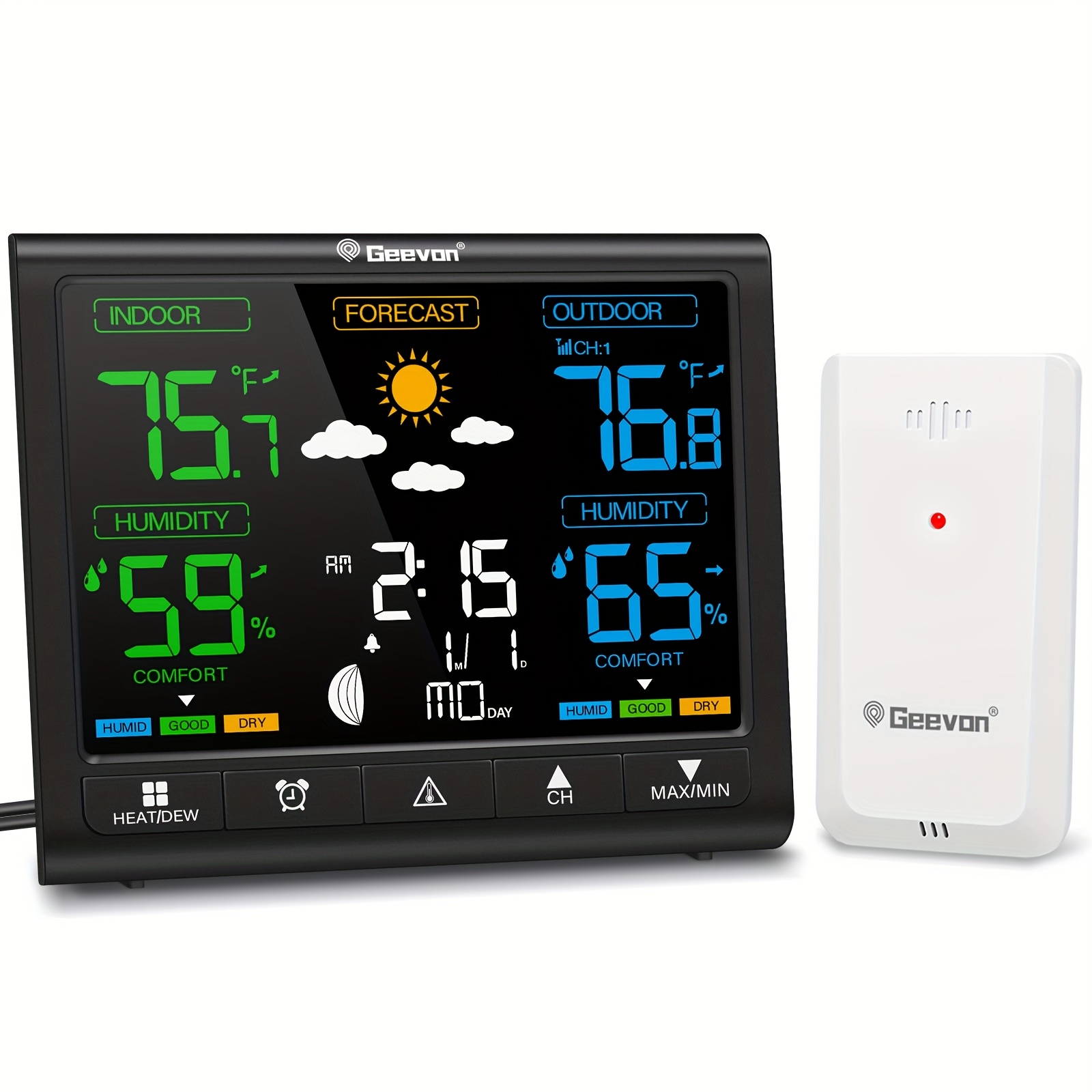 TEMU Geevon Station Météorologique Thermomètre Fil Intérieur et Extérieur, Moniteur Numérique de Température et d'Humidité avec Écran VA Couleur et