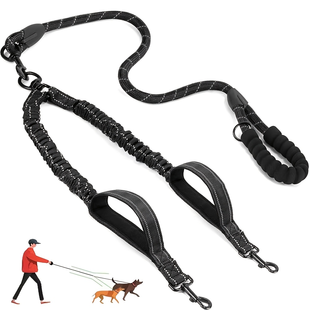 TEMU Dual Dog Leash â Detachable Main Lead With Splitter, -free, 2-dog Coupler, Reflective Elastic Band, 3 Handles, D-ring, Extra Long For Walking