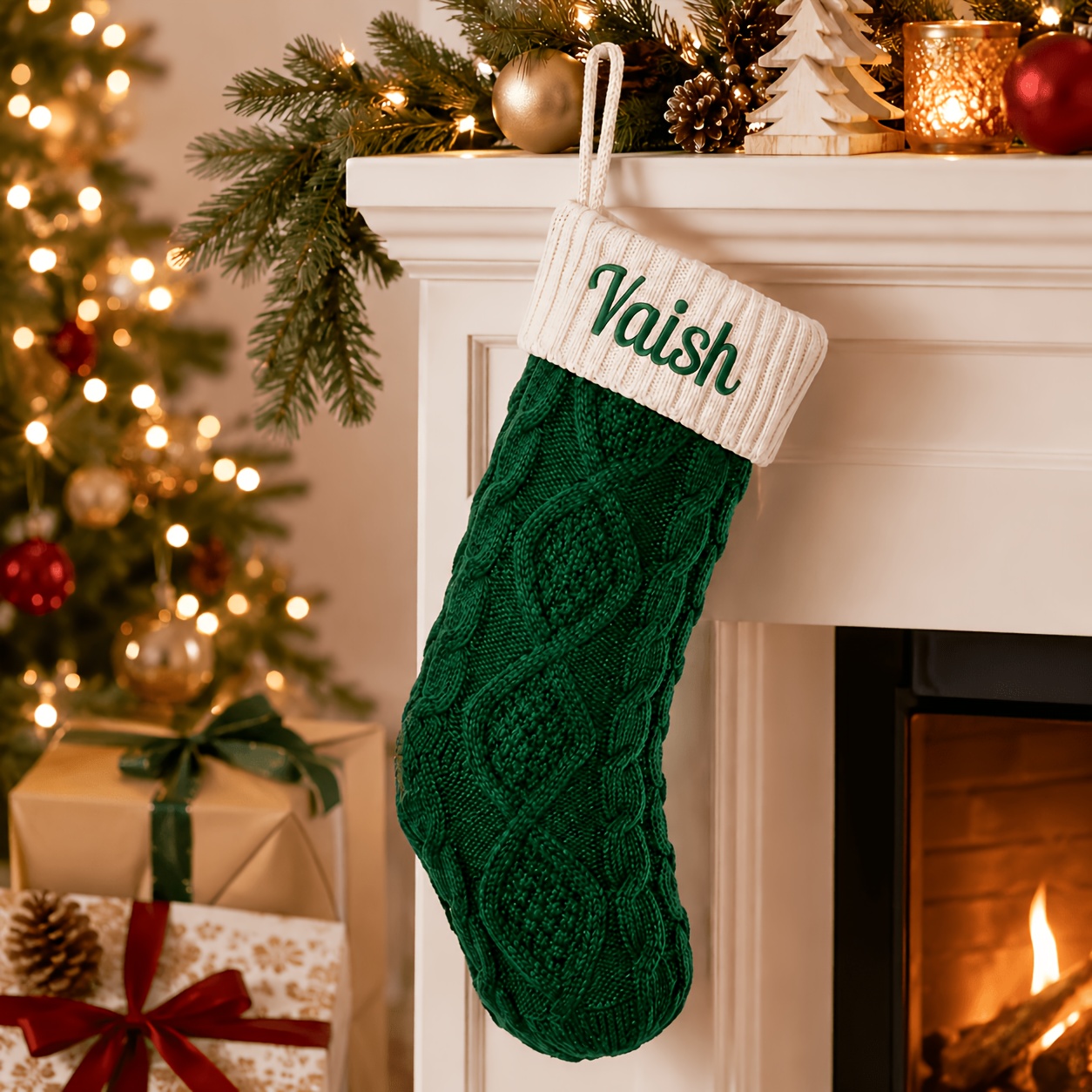 TEMU 7-color Customizable Name Knitted Christmas Stocking, Cozy Fireplace Christmas Decorative Stocking, Winter Decoration, Family Holiday Gift