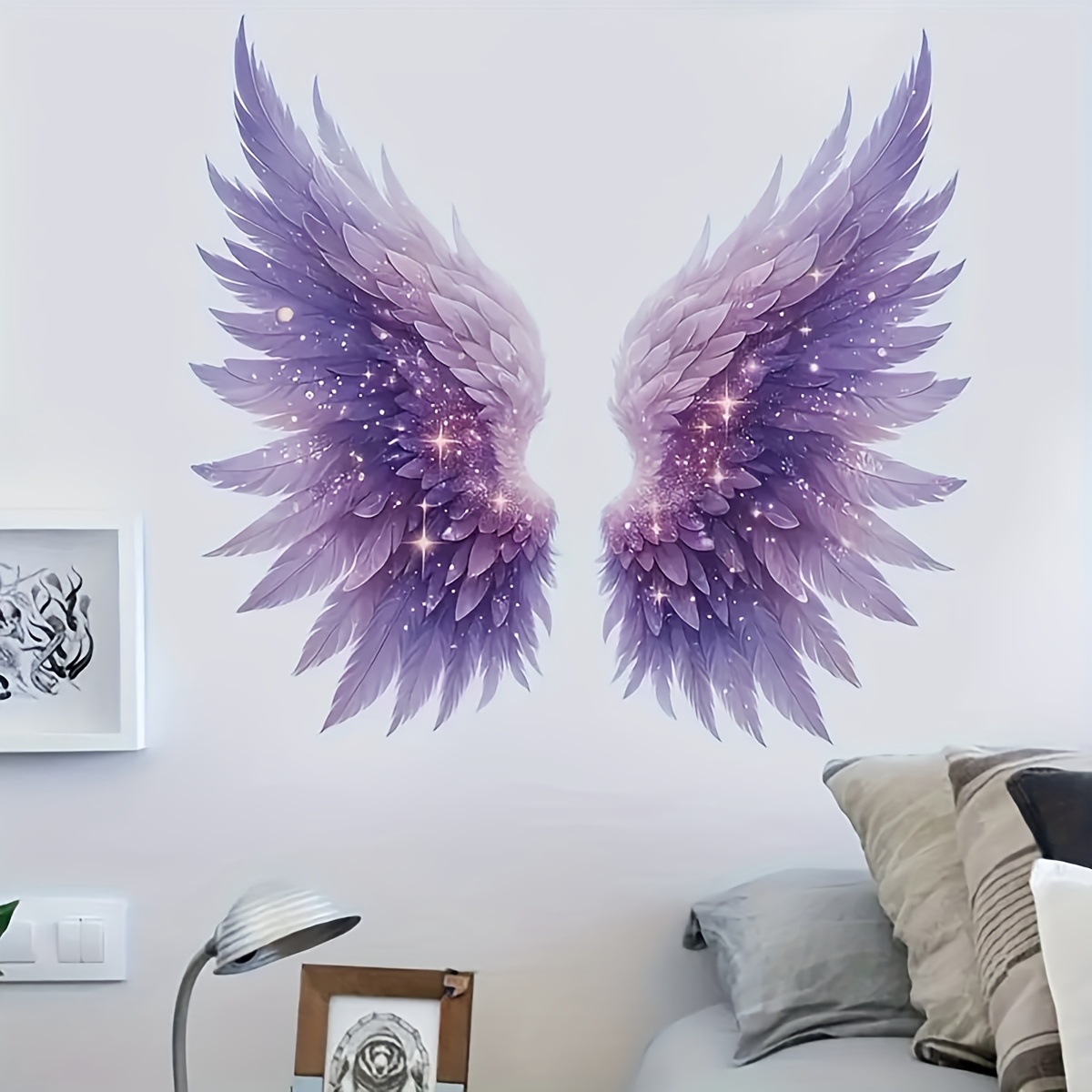 Image of 1pc Creative Purple Wings Wall Sticker - Easy To Apply And Remove Self-adhesive Decal, Removable Pvc Sticker For Home Bedroom And Living Room Decor