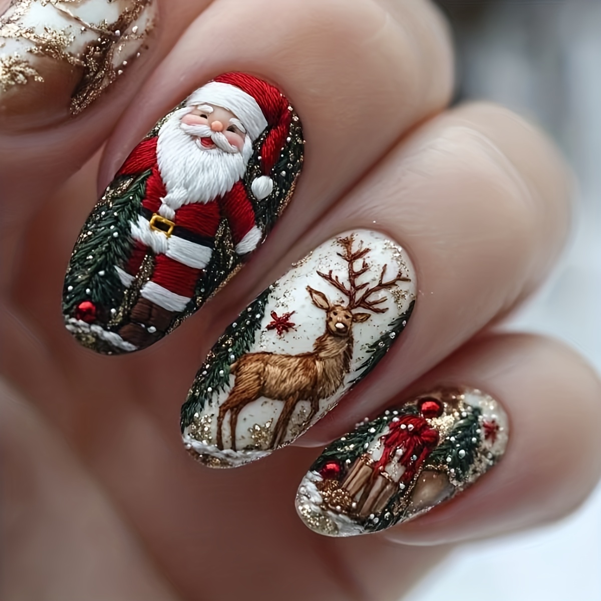 TEMU Un ensemble de 24 faux ongles longs rouges sur le thème de Noël, ornés de brillants de Père Noël, de blancs et de pointes amovibles, que