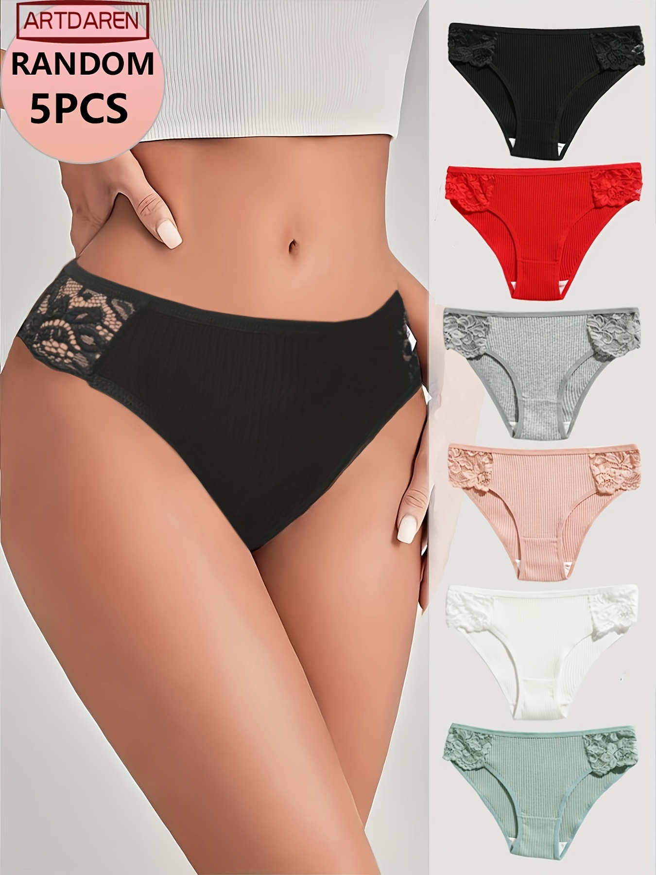 5pcs ARTDAREN Lace Contrast Side Waist Women'S Briefs | Comfortable and Breathable, Random Color Mix