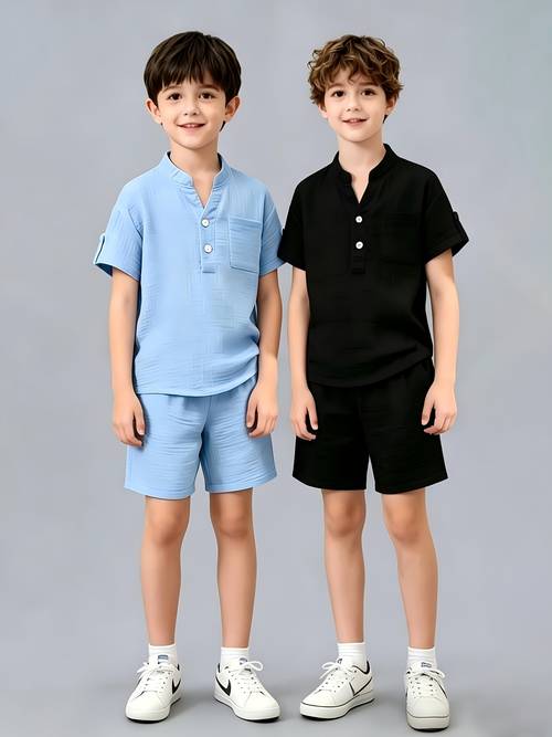2 sets 4 boys solid v neck shirt 2pcs set casual outfit 2 set 4 combination outfit designed for growing boys casual comfortable fashionable easy practical versatile soft and comfortable short sleeve shirt for outdoor
