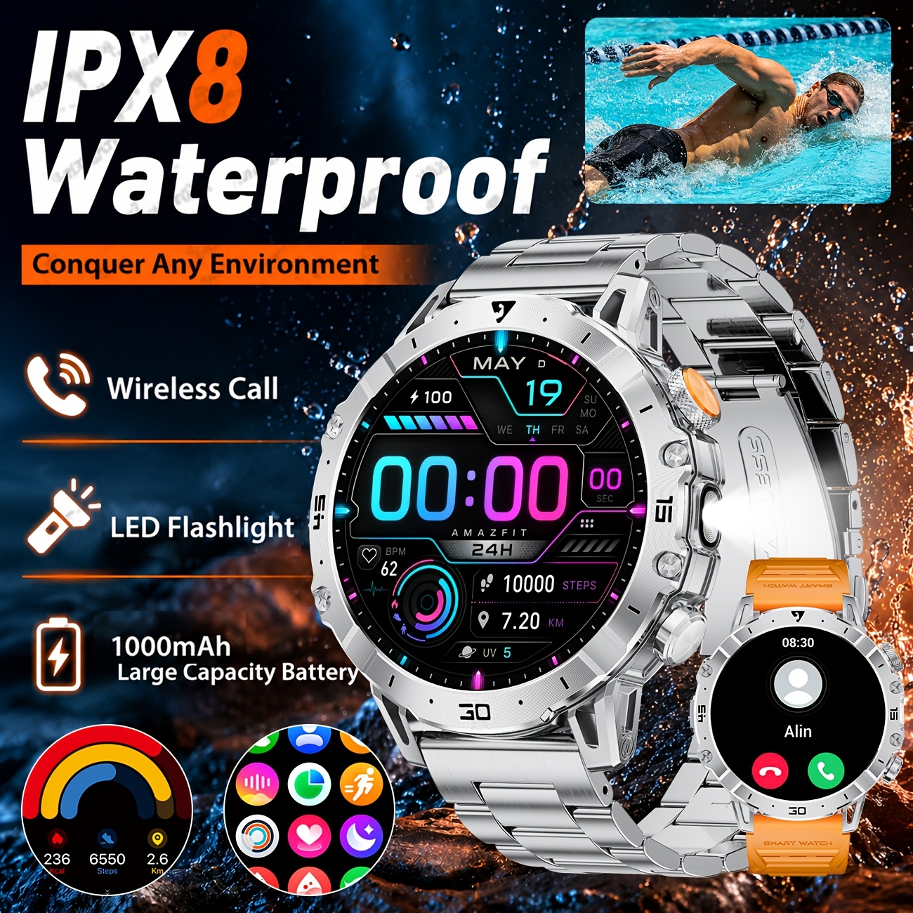 Watch, 1.7-inch Smartwatch With 1000 Mah Wireless Calling Led Flashlight 100 Ipx8 Waterproof Sleep Monitoring Men's Watch For Iphone