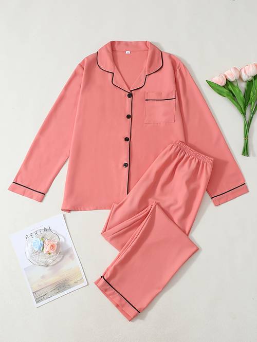 wall solid satin lapel cardigan button long sleeved pajamas and long sleeved pajamas casual two piece womens pajama set