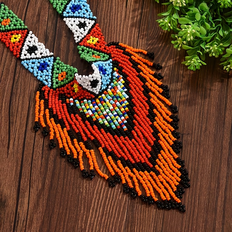Women's Bohemian Hand-Woven Bead Necklace with Long Fringe Pendant