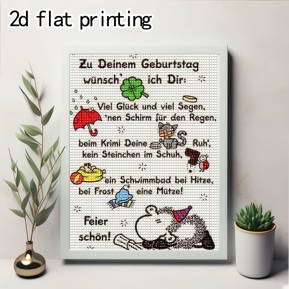 TEMU 1pc [2d Flat Printing] Birthday Themed Diamond Painting Kit, Rhinestone Craft With German Birthday Wishes Pattern, Adult For Home Decor And Gift