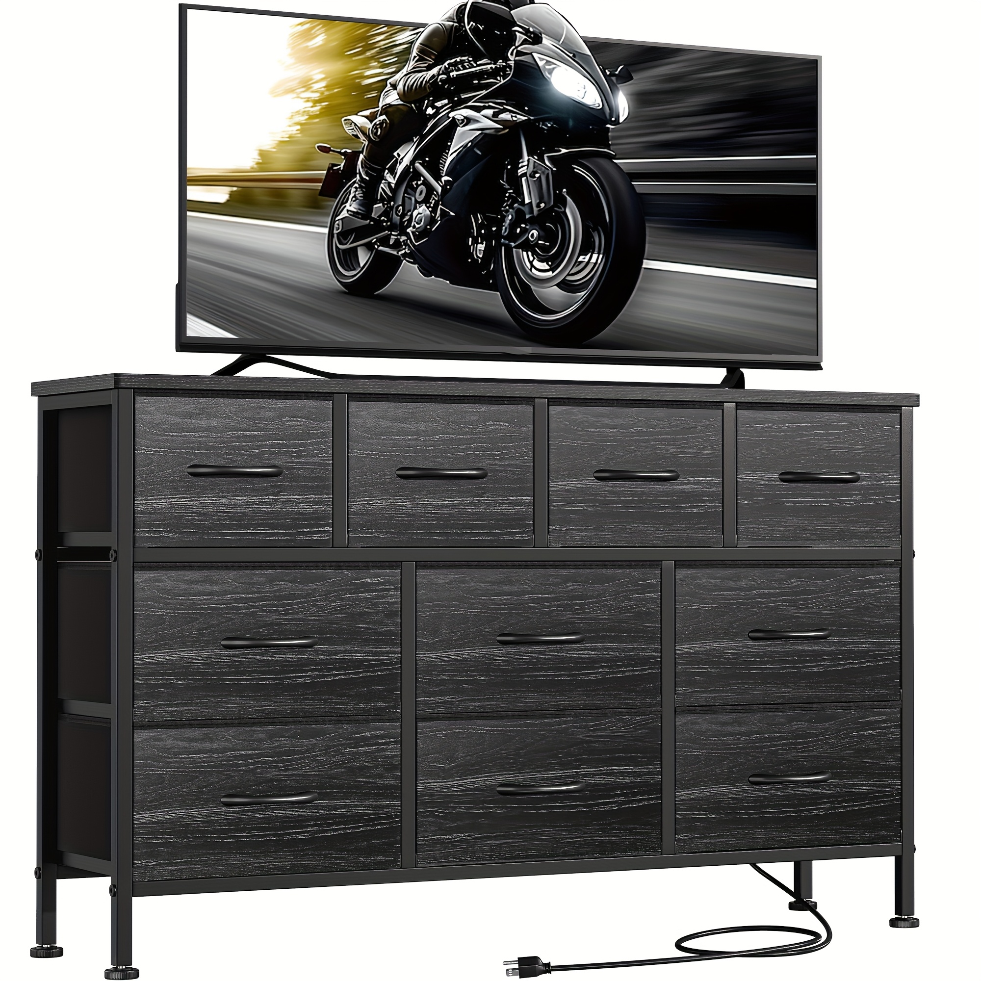 TEMU 10 Drawer Fabric Dresser With Metal Frame And Wood Top, Fabric Storage Dresser With Power Outlet, Tv Stand Dresser For 55'' Tv, Fabric Storage