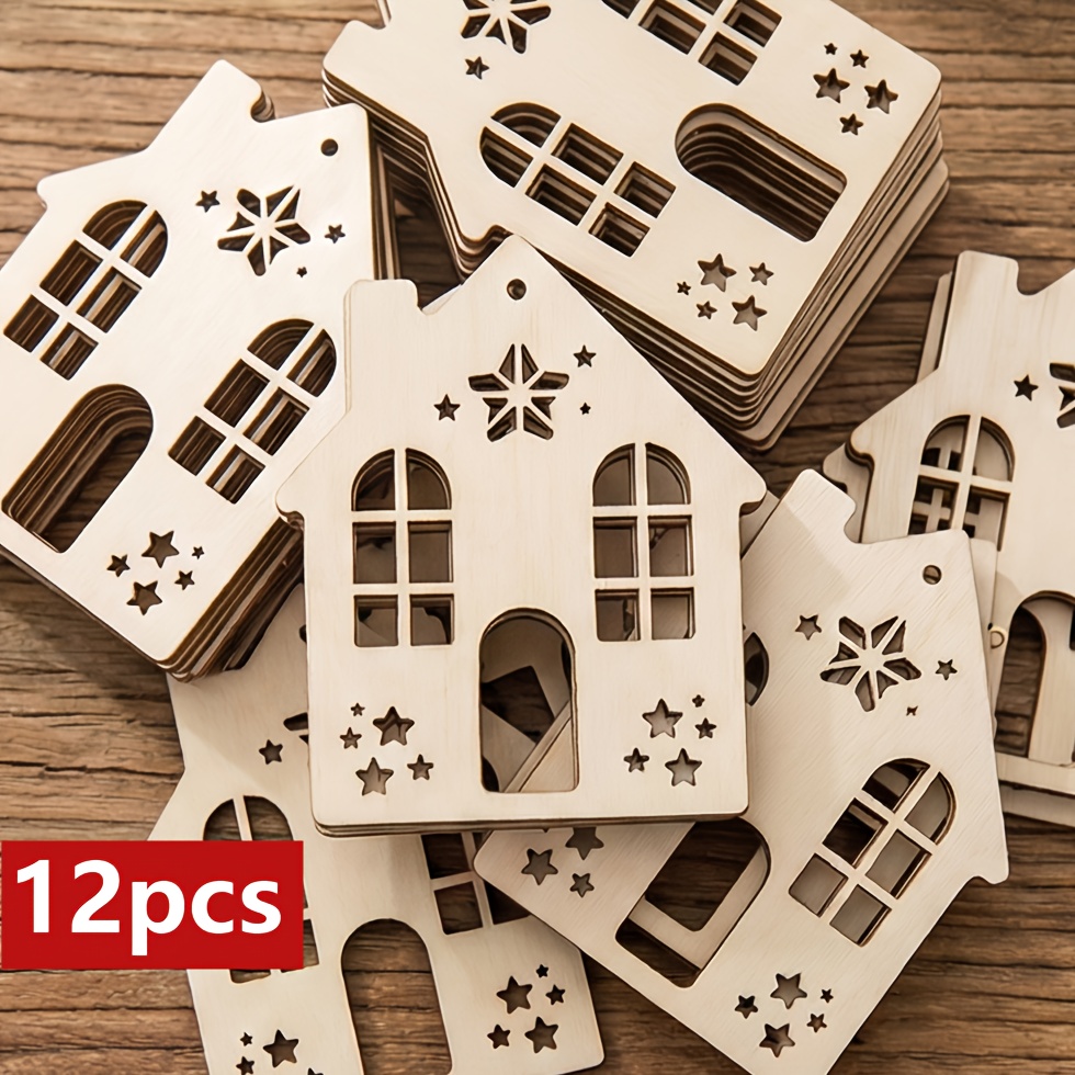 12 piezas de   de madera   de casa -   de madera artificiales ideales para decoraciones de navidad,  ,   y san valentín - decoración colgante o de mesa con montaje, manualidades para múltiples fiestas (12 piezas)