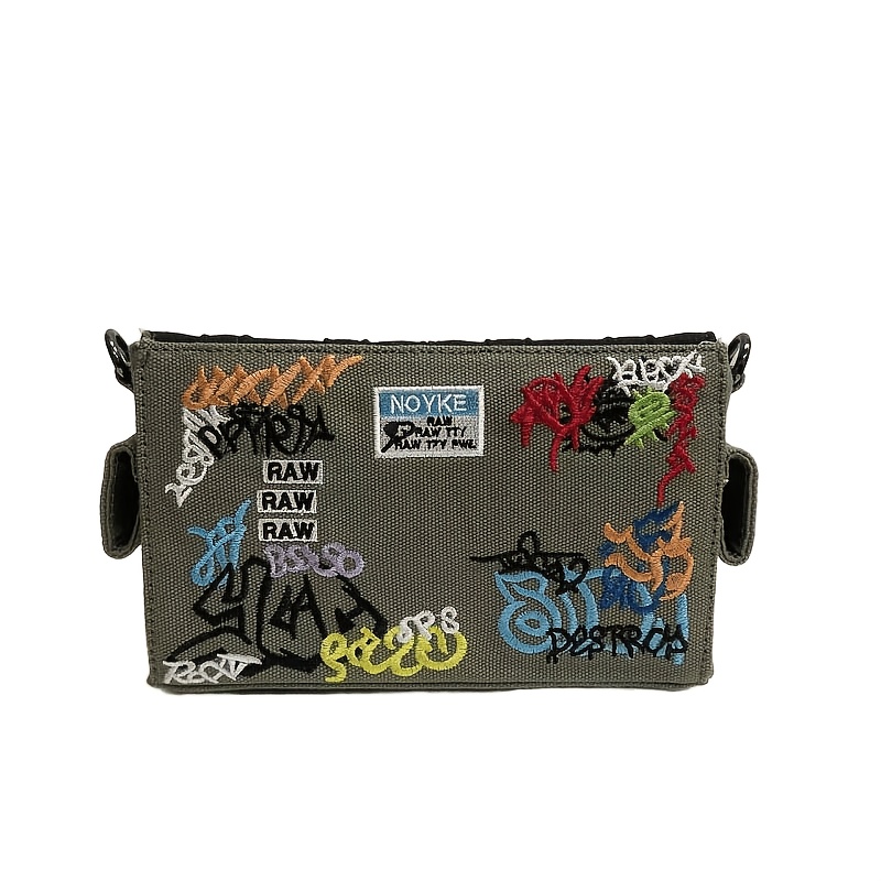 TEMU Canvas Embroidered Shoulder Bag In Graffiti Style, Military Green Crossbody Bag, Multifunctional Storage Bag