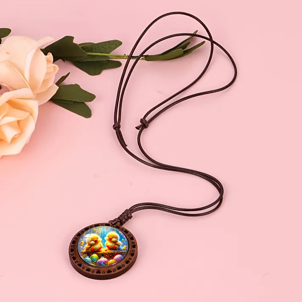 Wooden Spring Chick Easter Egg Heart Necklace, Cute Gift