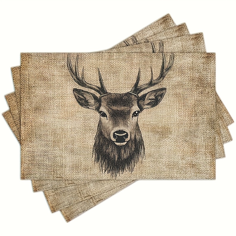 TEMU Of 4 Rustic Deer-themed Burlap Placemats, Suitable For Hand Washing, Perfect For Country-style Kitchens And Dining Areas, Ideal For Holiday