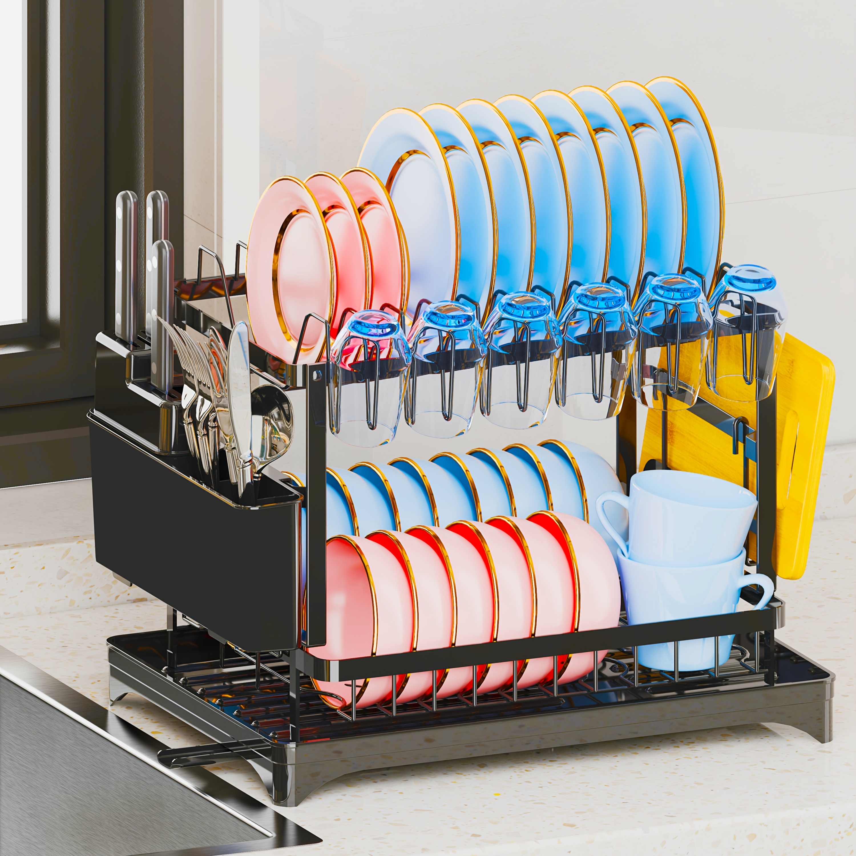 

Dish Rack, 2 Tier Utensil Holder, Rustproof Kitchen Dish Drying Rack With And Utensil Holder For Kitchen Countertop, Kitchen Accessories