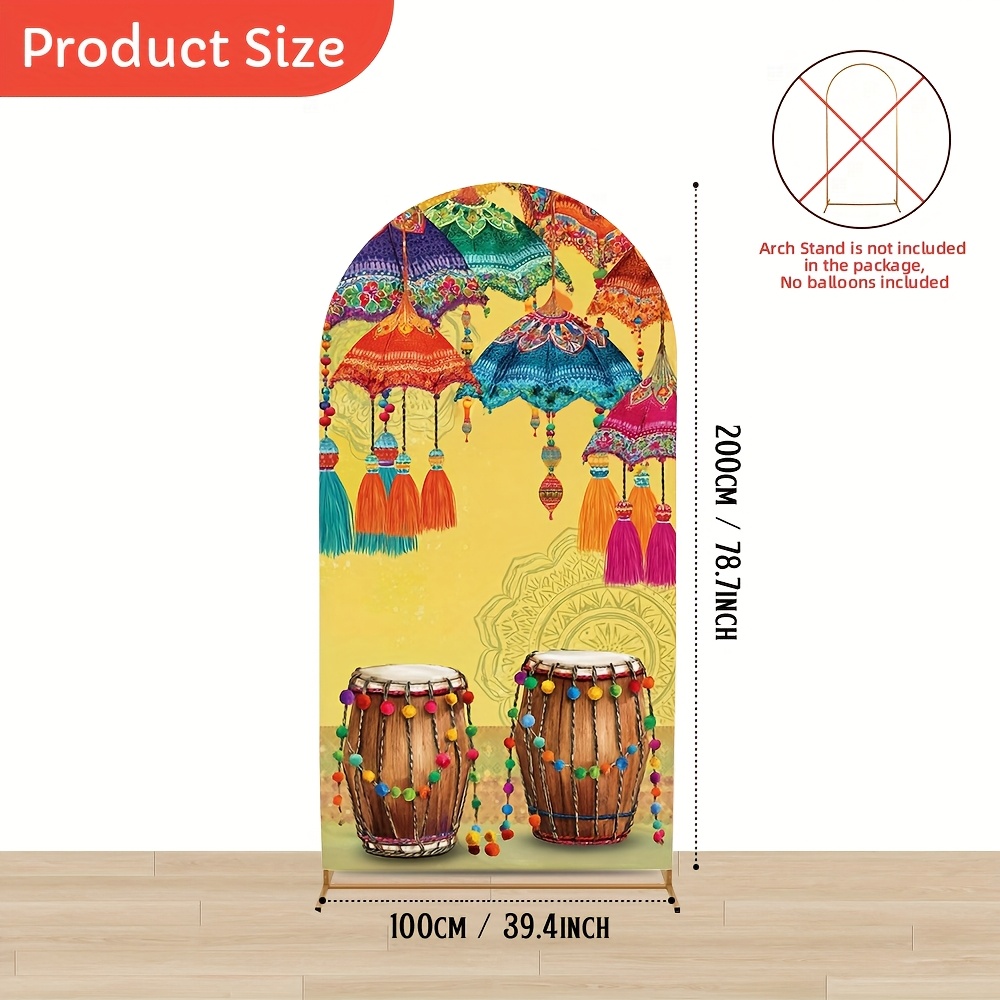 TEMU 1pc An Arch Backdrop Cover Featuring Prints Of Indian Wedding Celebration Drums And Umbrellas, Suitable For Evening Parties, Prom Photography