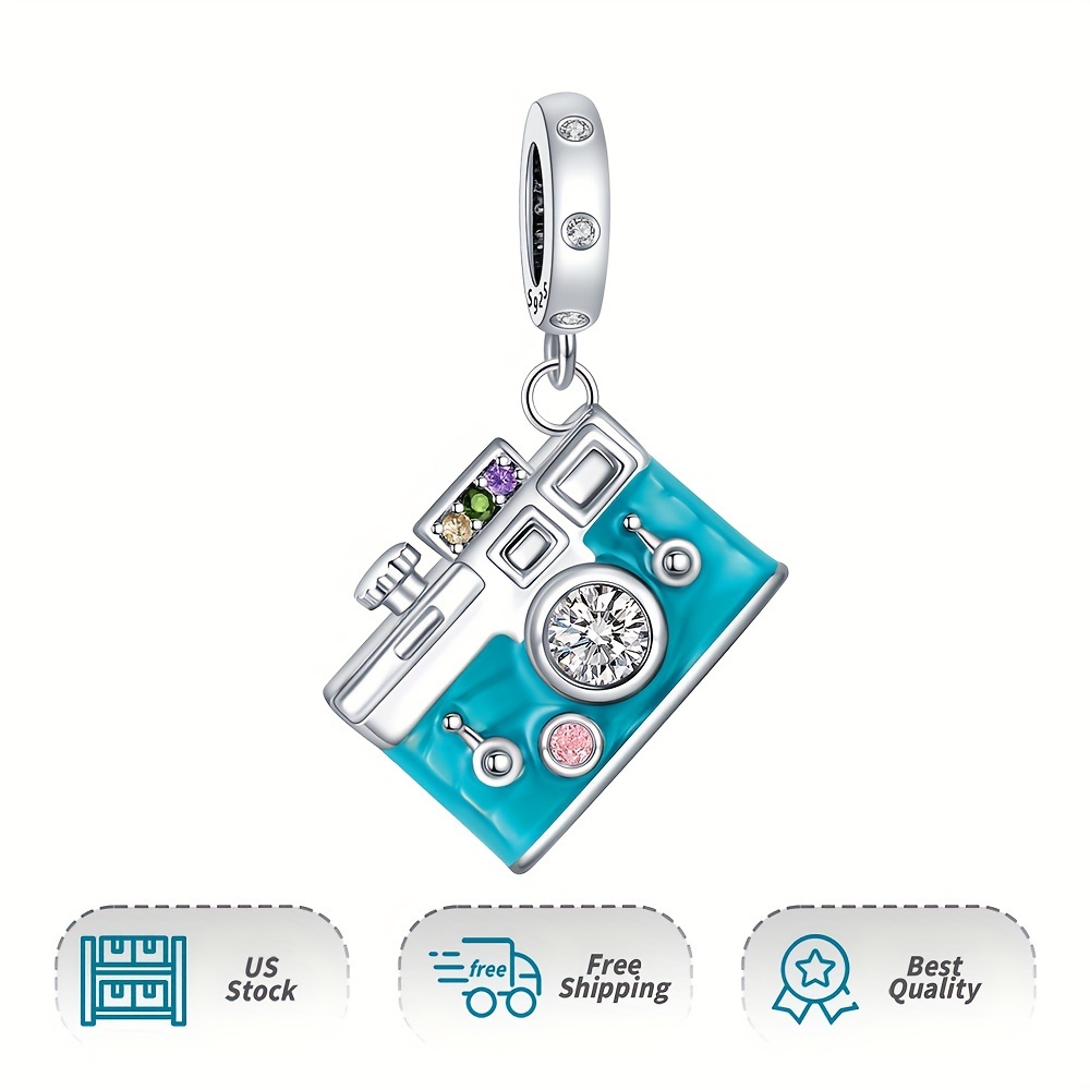 

Women Authentic Blue Camera With Rhinestone Dangle 925 Sterling Silver Pendant Charm For Moment Bracelet & Necklace Daily Use Holiday Gifts