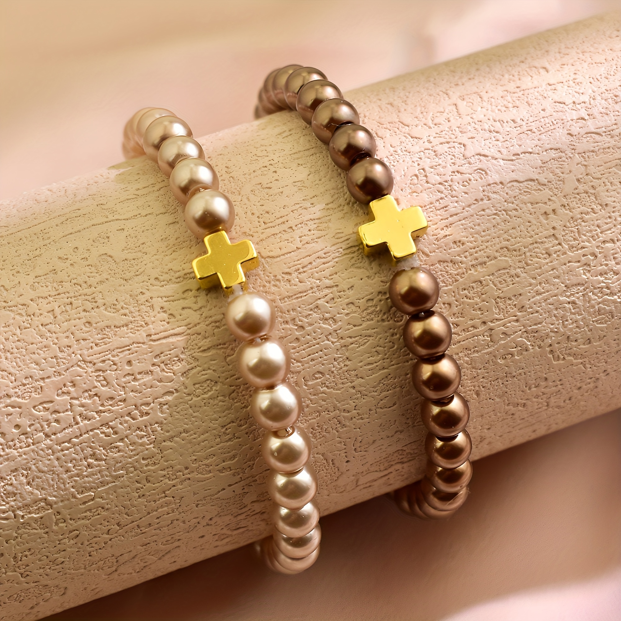 Image of 2pcs/set Women's Fashion Bracelets, Summer Exquisite Cross Brown Elegant Women's Beads Stackable Bracelets Suitable For Daily Wear, Easter Gifts, Gatherings