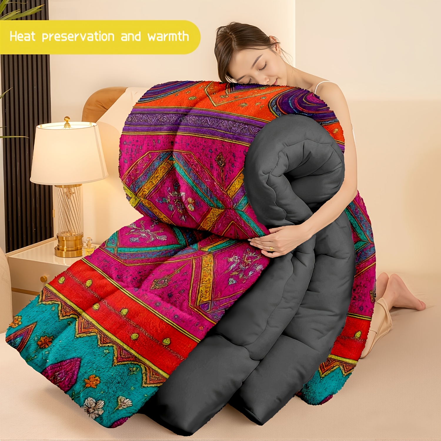 TEMU 3pcs (1 Comforter + 2 Pillowcases) Bohemian Style Soft Comforter Bedding Set, Vibrant Colors, Geometric Patterns, Wrinkle & Fade Resistant,