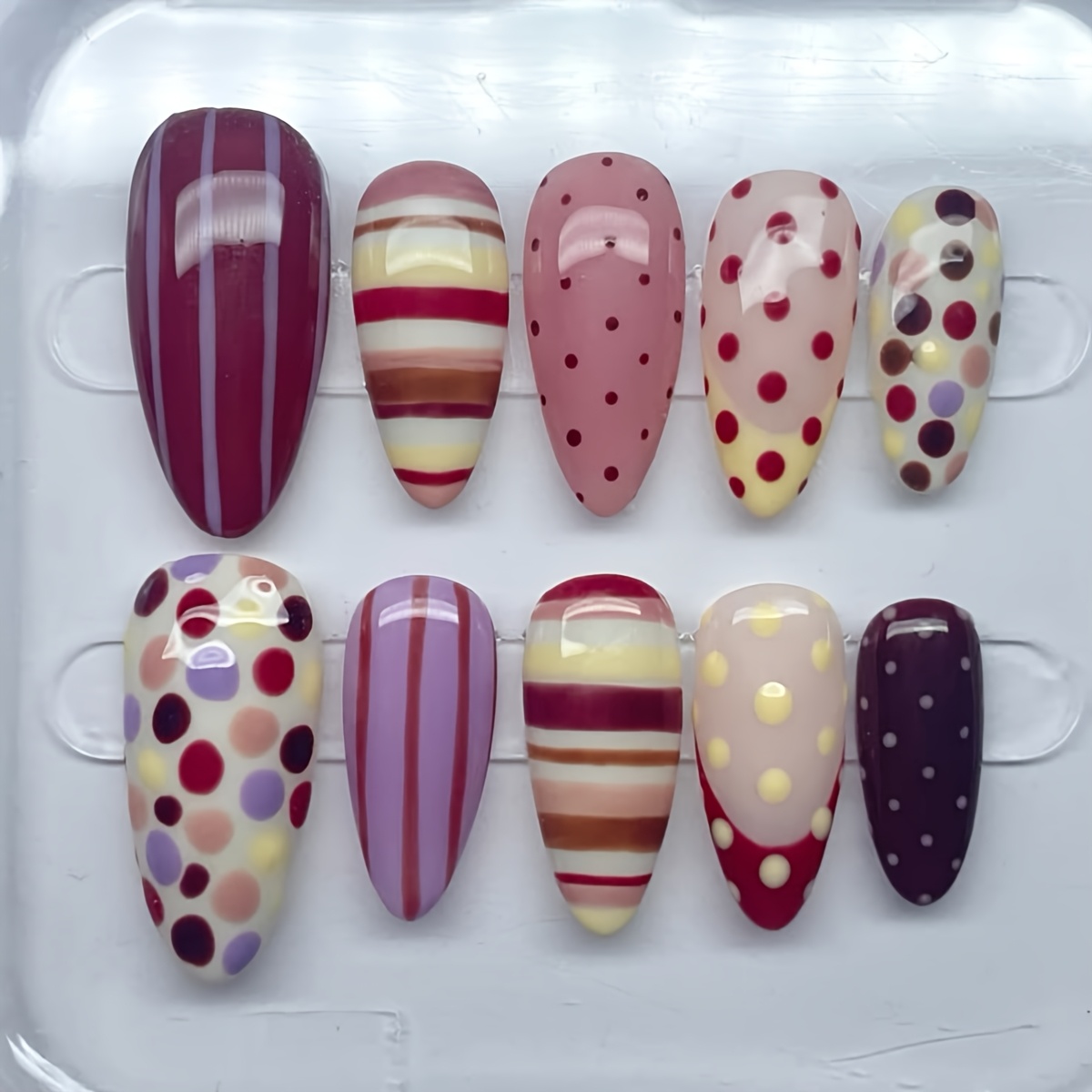 TEMU 10pcs Wearable Nails, Almond Shape, Burgundy Polka Dot Manicure, Retro Striped Hand-painted Nail Sheets, Purple Brown Contrast Wearable Nails,