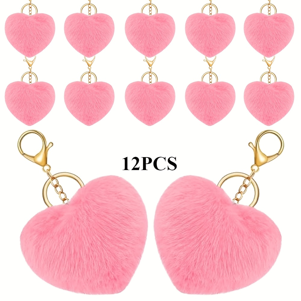 TEMU 12pcs Valentine's Day Pom Poms Keychains Fluffy Heart Shape Cute Keyrings For Valentine's Day Gifts